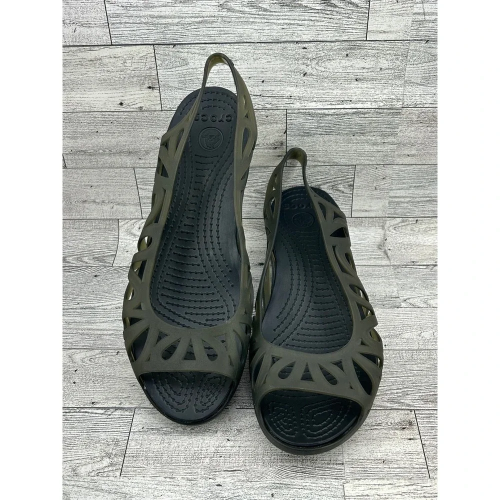 Crocs Adrina III Peep Toe Wedge Sandals Army Green Black Womens 9 14937